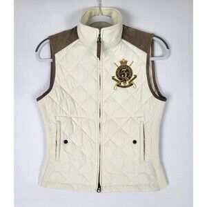 Ralph Lauren Sport Challenge Quilted Vest Size Small Equestrian Ivory FLAW